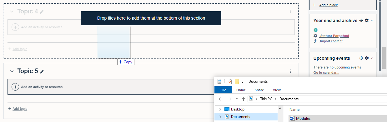 Dragging a file into Moodle to upload it