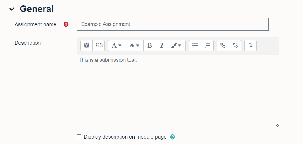 The general settings for a Moodle assignment, including title and description