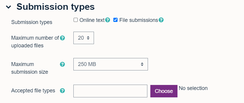 Choose the submission type and size of file upload for a Moodle assignment