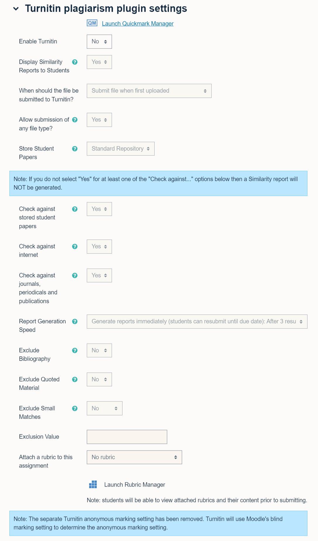 The Turnitin similarity checker within Moodle assignment settings