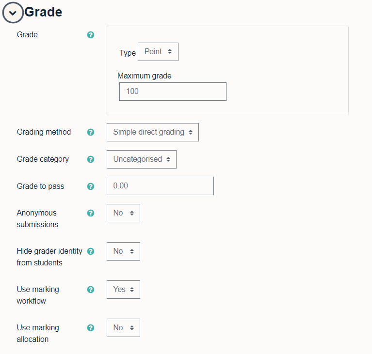 The grade options in Moodle assignment