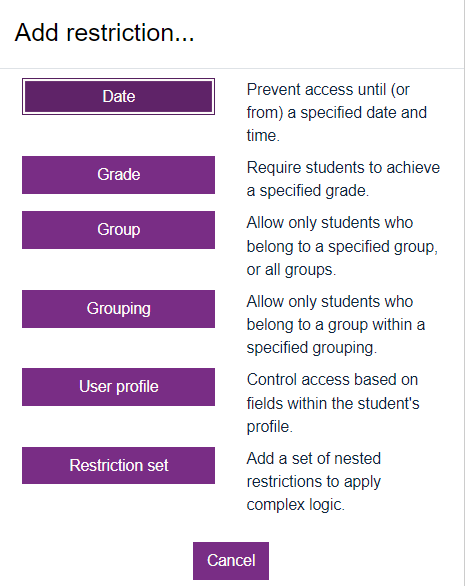 The options for adding restrictions to your Moodle assignment