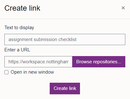 'Create link' window in Moodle editor