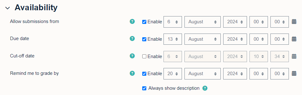 Availability window to set the dates and times for a Moodle assignment