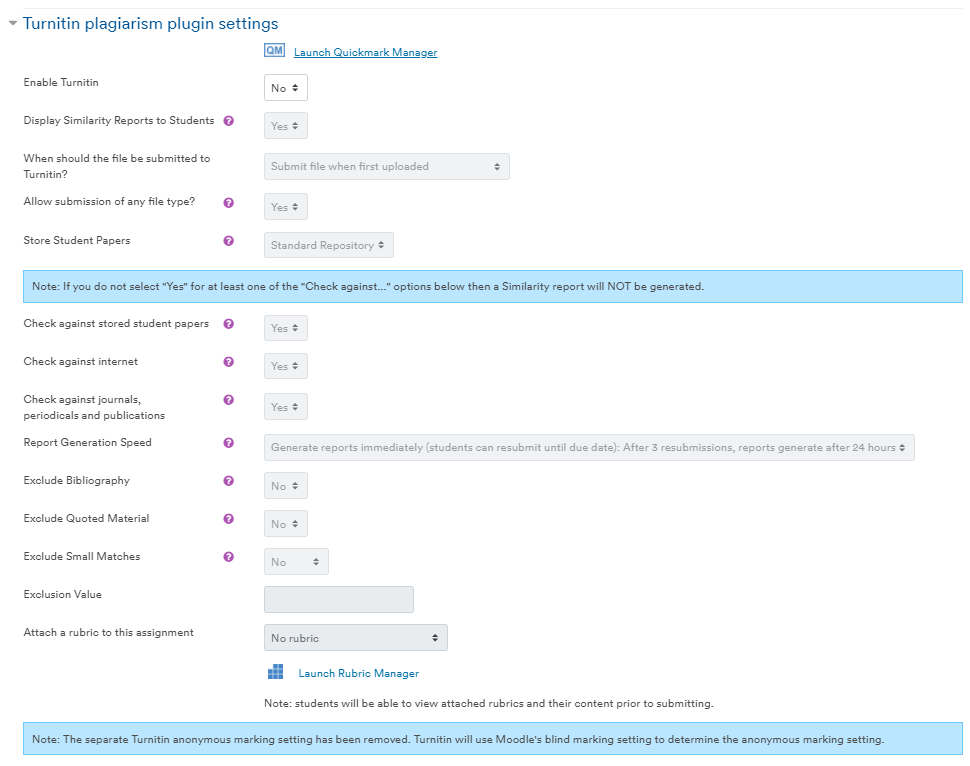 Turnitin plagiarism plugin settings