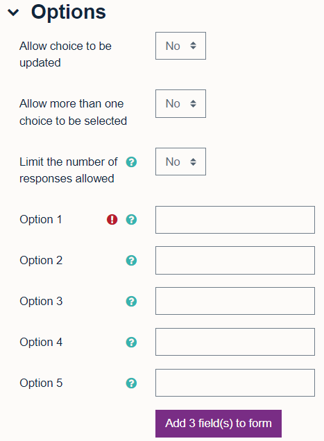 Options settings for a choice activity