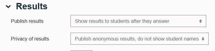 Publish results settings for a choice activity