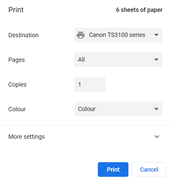 Printer options on Google Chrome