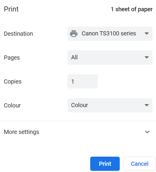 Print settings in Google Chrome