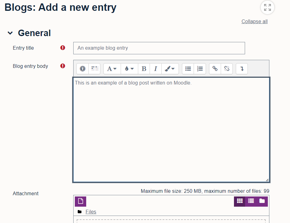 Adding a new blog entry, with the option to addd an entry title and add the main content.