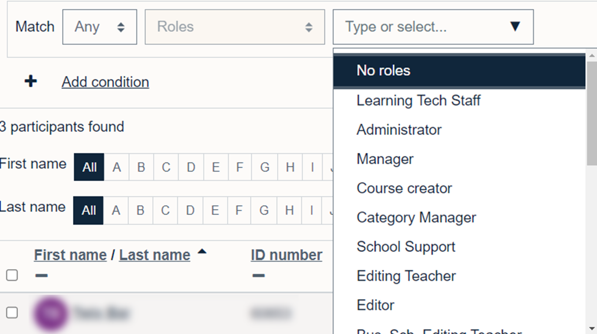 Filtering the participants list by role