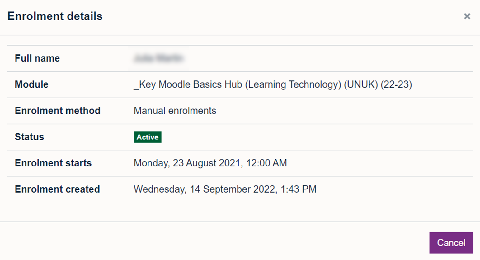 Screenshot of enrolment details