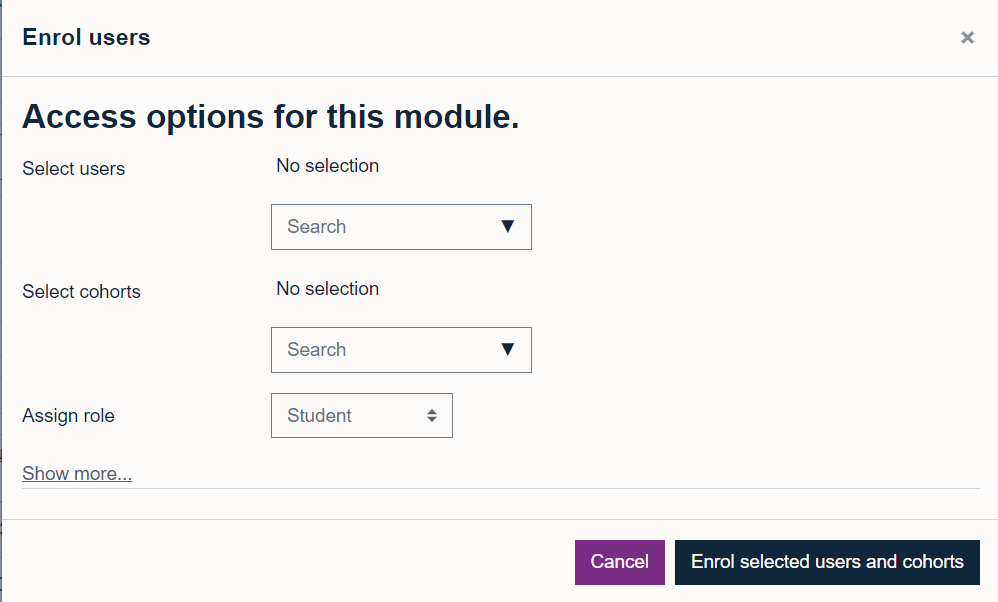 Screenshot of pop up where you can search and add new users to a Moodle module