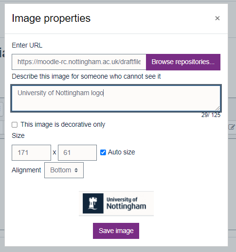 Within the image prosperities box you can add alt text, change the size and alignment of the image