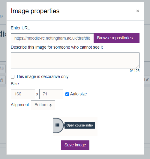 image properties pop up box