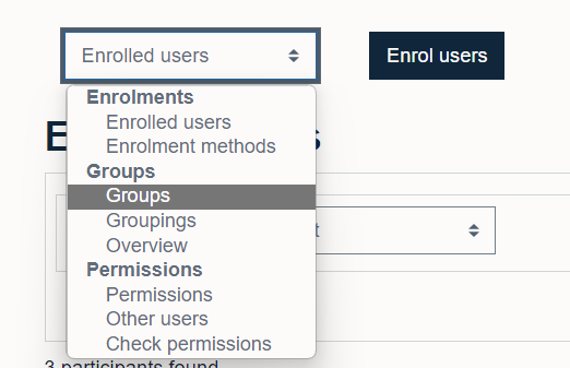 Selecting groups from the dropdown menu on the Participants page within Moodle 4.1