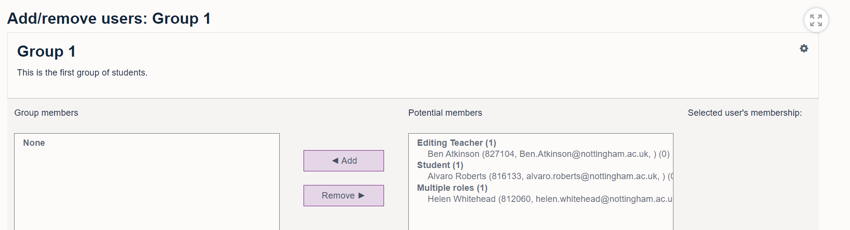 Adding students to groups by moving them across to the left hand column on the groups list on Moodle 4.1