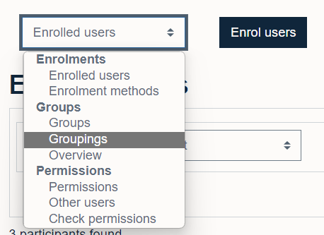 Selecting groupings from the dropdown menu within the Participants screen on Moodle 4.1