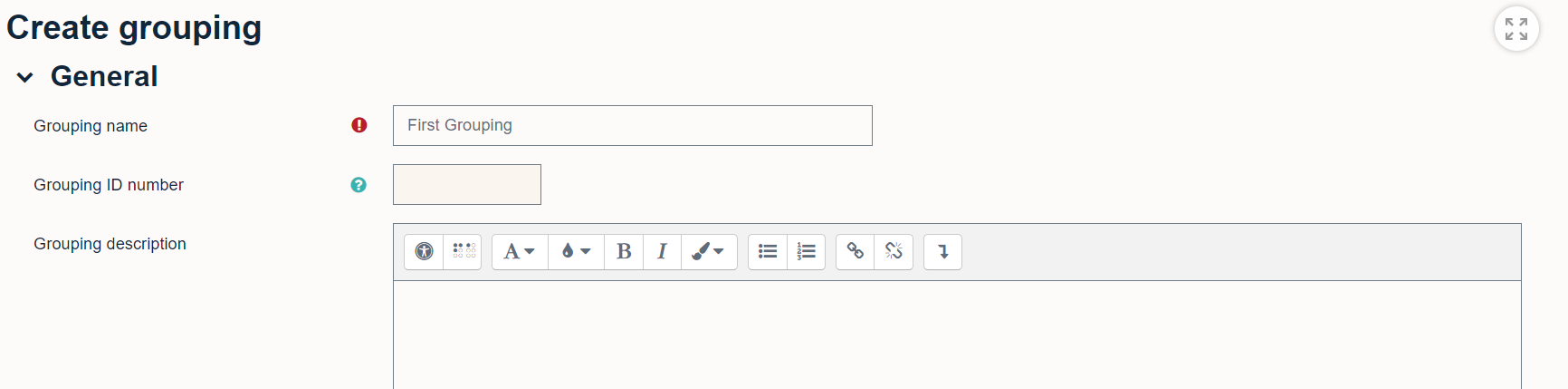 When creating a grouping you should provide a title and description in the relevant boxes