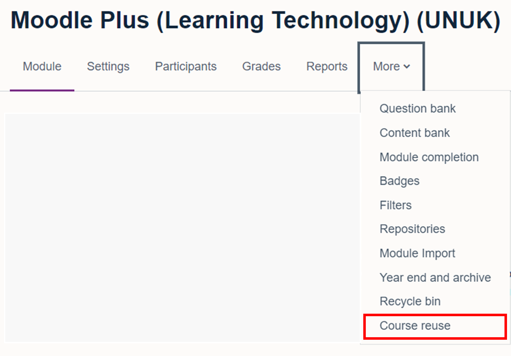 The more tab showing the course reuse option