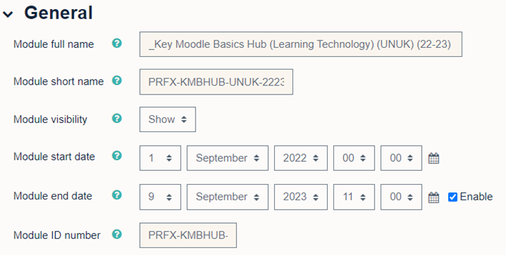 General settings on Settings page in a module including the module visibility option