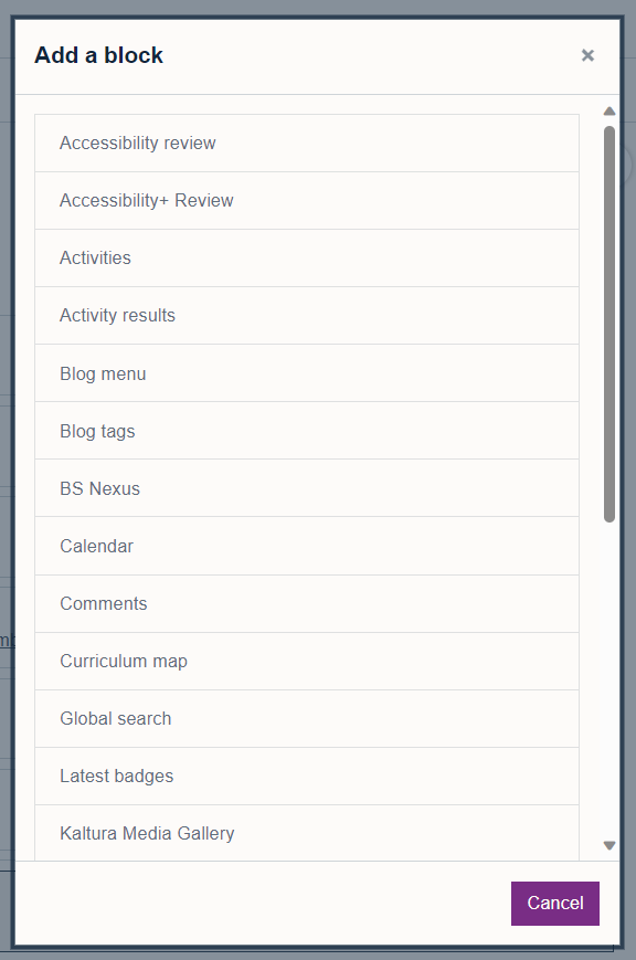 'Add a block' menu within the block drawer on Moodle 4.1