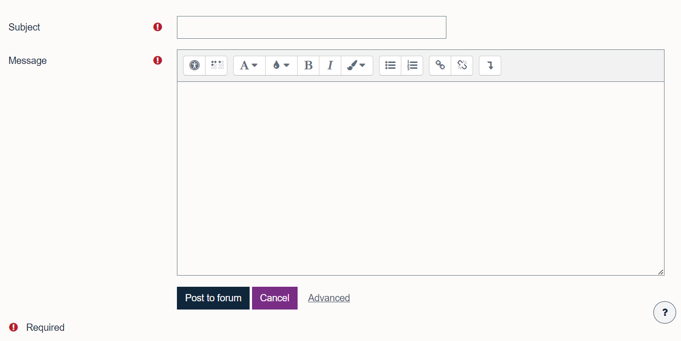 The screen where you can write an announcement on Moodle 4.1 including a subject and a message box.