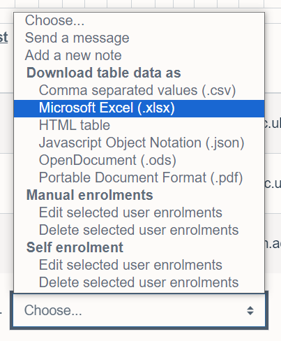 The with selected users menu list on Moodle 4.1