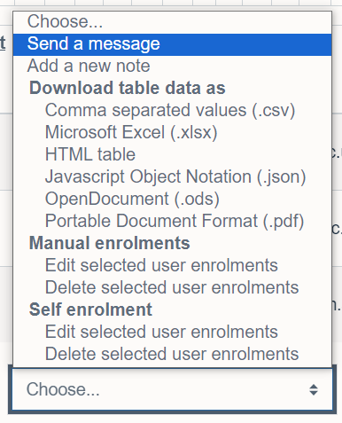 The with selected users menu list on Moodle 4.1