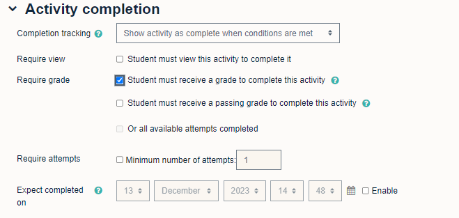 Quiz activity completion criteria options