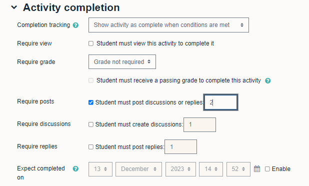 Forum activity completion criteria