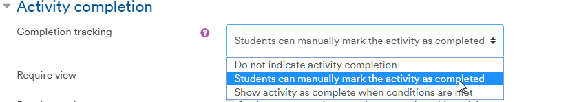 Activity completition showing student manual completion in dropdown