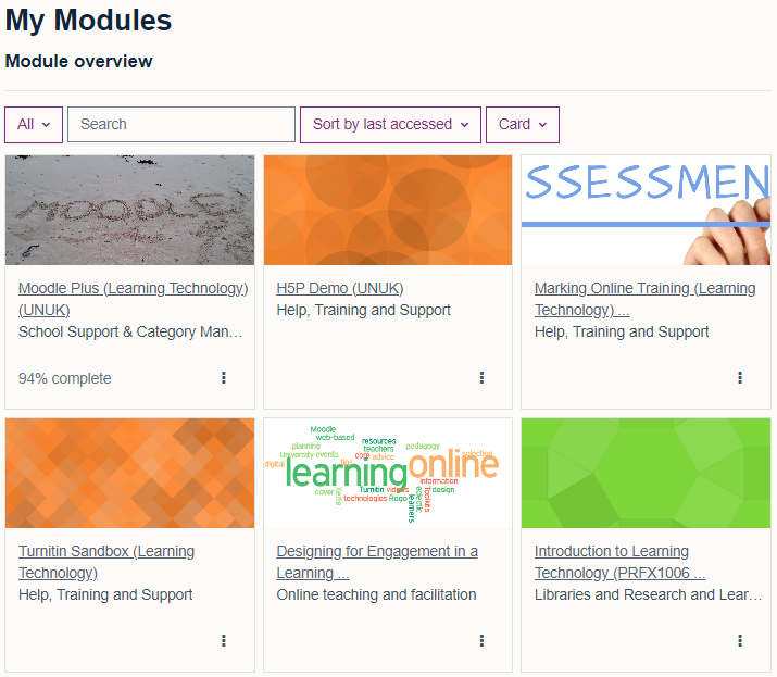 'My Modules' page, showing the 'Module overview' with 'Sort by last accessed' and 'Card'  selected as filter options on the drop down menus. Last accessed modules are visible.