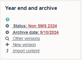 Year end and archive, noting 'Status', 'Archive date', 'Other versions', 'New version' and 'import content'.