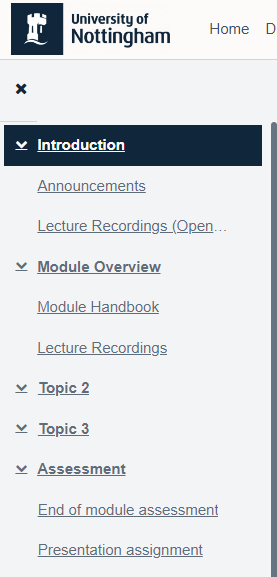 'Module index' navigation menu listing the activities and resources within the module page.