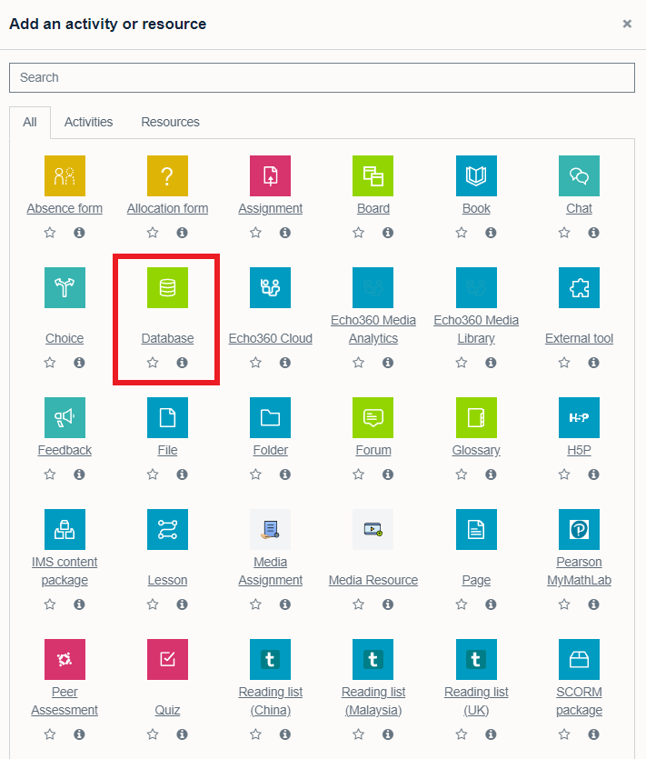 Database activity highlighted by red square in activity or resource picker.