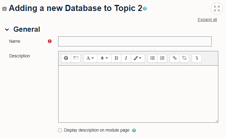 'Name' and 'Description' fields in 'General' database settings.