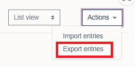 'Actions' dropdown menu showing 'Import entries' and 'Export entries' options.