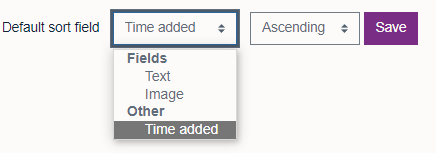 Dropdown menus to select which field is used to sort the entries, followed by a dropdown menu to select whether entries are 'Ascending' or 'Descending' by default, followed by 'Save'' button.