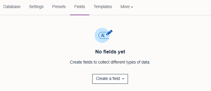 Fields tab selected in database settings. with 'create a field' button at the bottom.