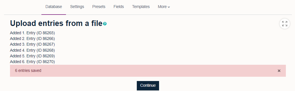 'Upload entries from a file' showing the files that have been imported. 'Continue' button located below.