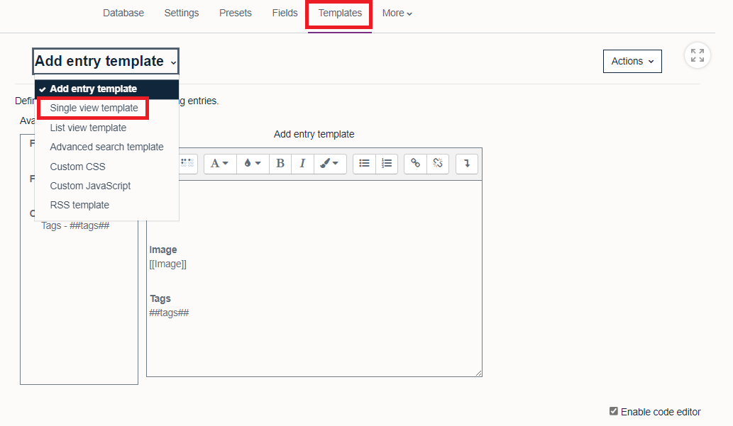 'Templates' tab selected and highlighted by red square. 'Add entry template' dropdown menu selected showing 'single view template' which is highlighted by red square, 'List view template', 'Advanced search template'. 'Custom CSS', 'Custom JavaScript' and 'RSS template'.