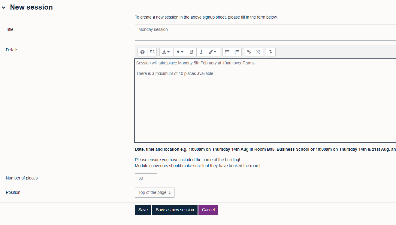 'New Session' with 'Title' field and text box, 'Details' field with text box. 'Number of places field with drop-down menu with 30 displaying and 'Position' field with 'Top of the page displaying in drop-down menu.