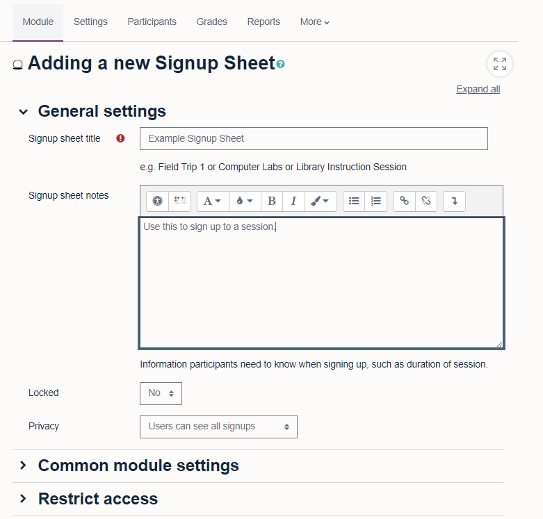 'Signup Sheet' general settings. 'Signup sheet title' field with text box, 'Signup sheet notes with text box, 'Locked' with 'Yes' or 'No' (selected) drop-down menu. 'Privacy' with drop-down menu with options 'Users can see all signups' (selected) and 'Users can only see their signup'.