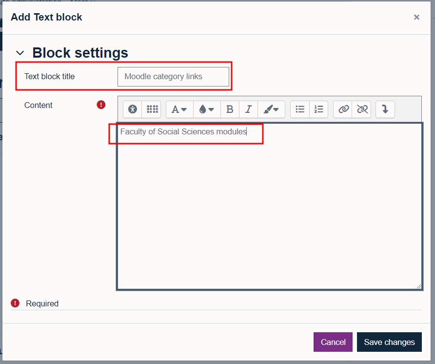 Block settings window