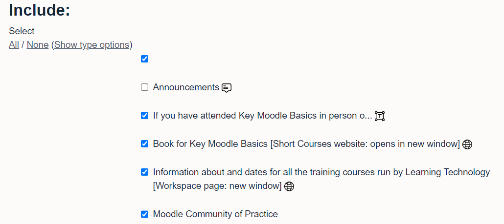 Selecting items to import into a module in Moodle