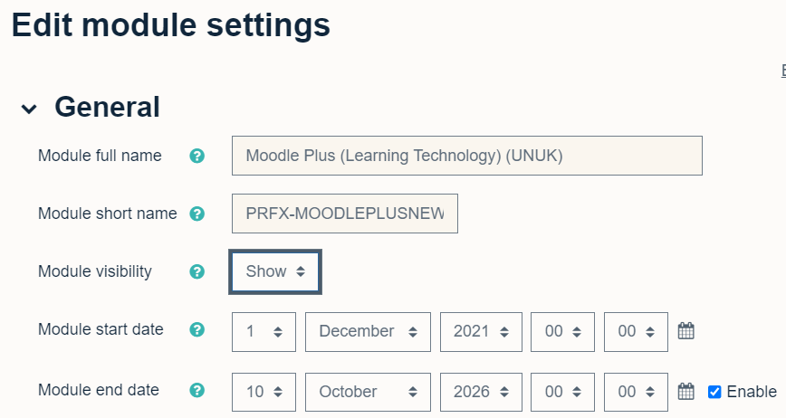 The module visibility drop down menu has been changed to 'show'