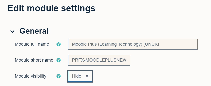 The module full name, short name and then field to change the module visibility.