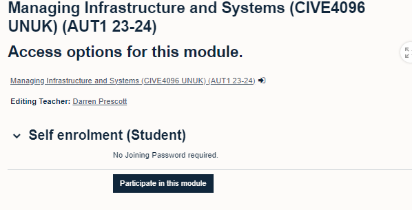 course search showing option for student to self enrol by selecting 'participate in this module'.