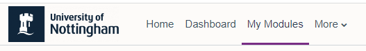 Top navigation menu in Moodle with My Modules selected.